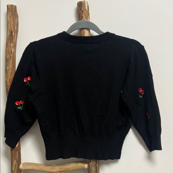 Black Red Cardigan Cherry Embroidery Satin Buttons Cropped 3/4 Sleeve Coquette - Picture 4 of 5